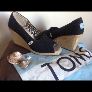 black canvas slipon peeptoe espadrille wedges
